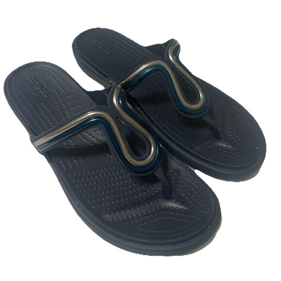 CROCS Sanrah  Women's 8  Gray Navy Blue Silver Metal Block Slide Sandal - Picture 4 of 12